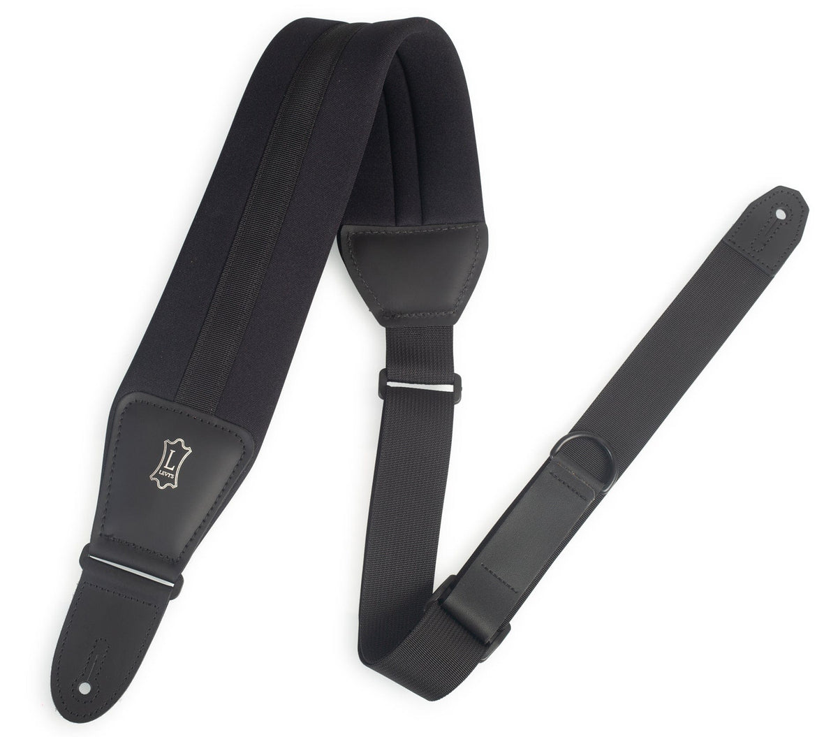 Levy's MRHNP3-BLK Neoprene Guitar Strap Black with white logo and metal ring detail, ideal for comfortable and stylish guitar playing.
