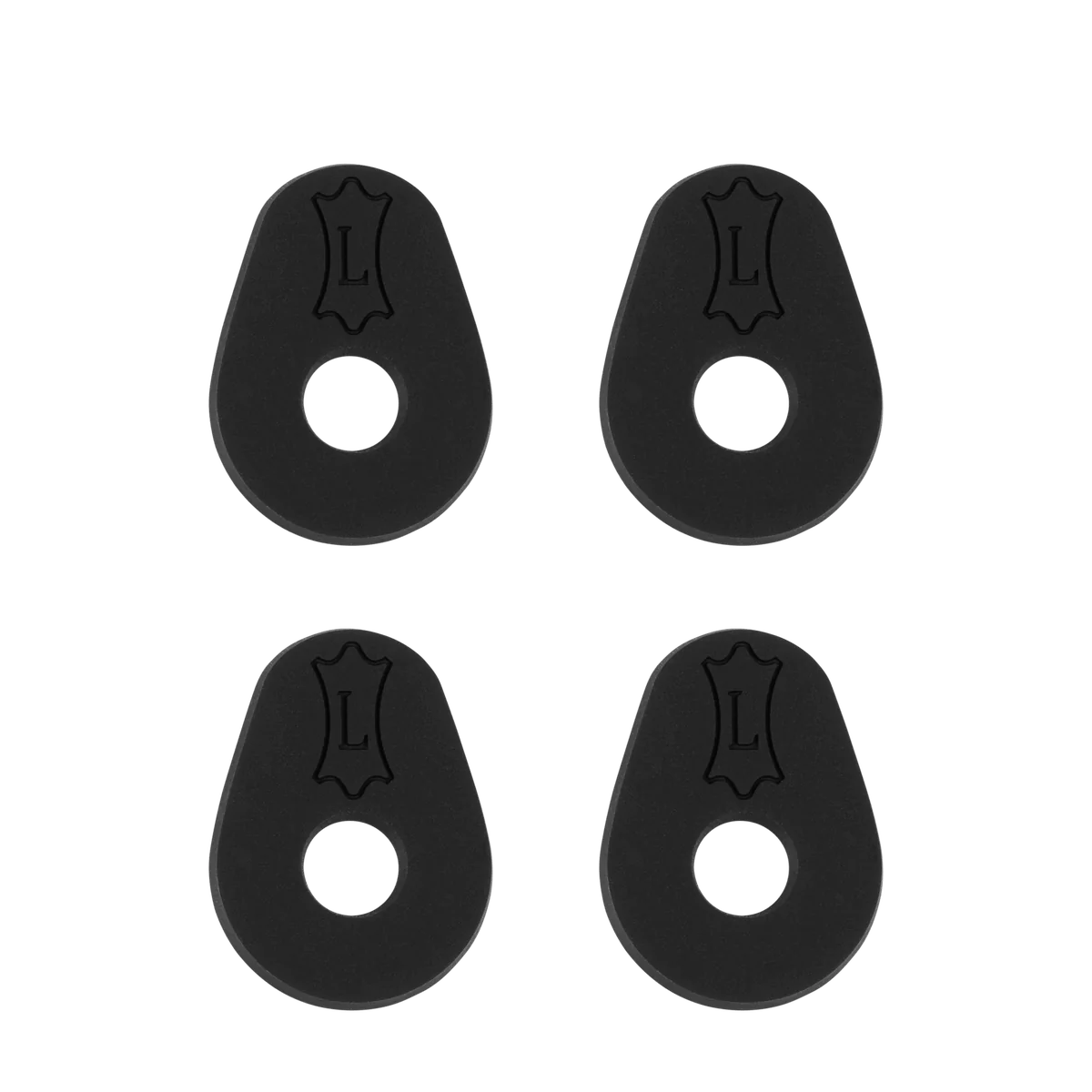 Levy's Rubber Guitar Strap Blocks Set of 4 Black, featuring black oval-shaped blocks with holes, designed for secure guitar strap attachment.