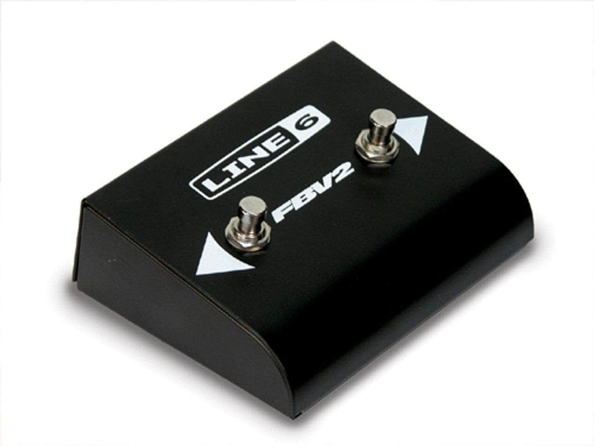 The Line 6 FBV2 Foot Controller by Line 6 is a black device with two metal switches and white arrows, designed for selecting presets or controlling guitar amps and effects.