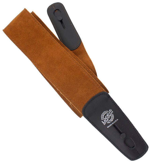 Lock-it Straps 2.75 Wide Suede Series Guitar Strap with built-in locks and leather ends, ensuring secure instrument hold while playing.