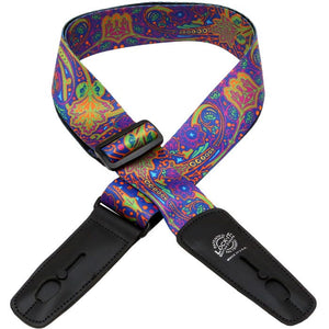 Lock-It Straps artist series by Bob Masse, featuring a colorful design with black leather ends, offers secure attachment and style for musicians.