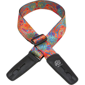 Lock-It Straps artist series by Bob Masse, featuring a colorful design with black leather ends, offering stylish security for guitarists.