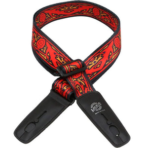 Lock-It Straps artist series by Bob Masse, featuring a unique locking mechanism for secure performance, showcased as a stylish red and black guitar strap.