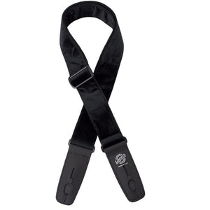 Lock-it Straps Crushed Velvet Series, featuring a black strap with buckles, designed for secure and comfortable guitar use, highlighted by its luxurious crushed velvet and leather ends.