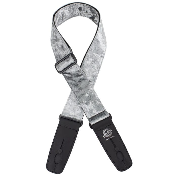 Lock-it Straps Crushed Velvet Series guitar strap featuring a silver and black design with a close-up of the secure locking system and leather ends.