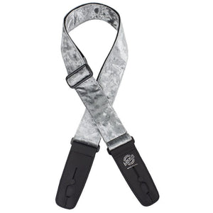Lock-it Straps Crushed Velvet Series guitar strap featuring a silver and black design with a close-up of the secure locking system and leather ends.