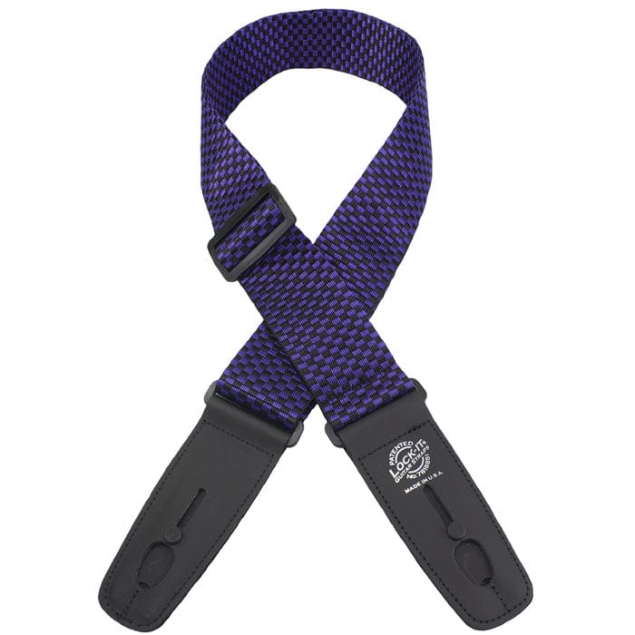 Lock-It Straps Poly Pro Series, featuring a secure connector and logo, designed to prevent instrument slippage for uninterrupted music performance.