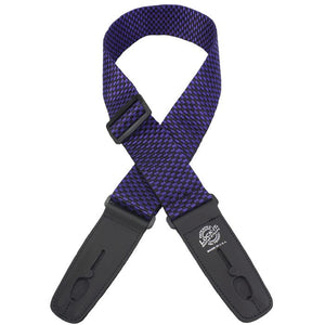 Lock-It Straps Poly Pro Series guitar strap with secure locking mechanism, designed for stability and uninterrupted performance. Close-up shows strap detail and logo.