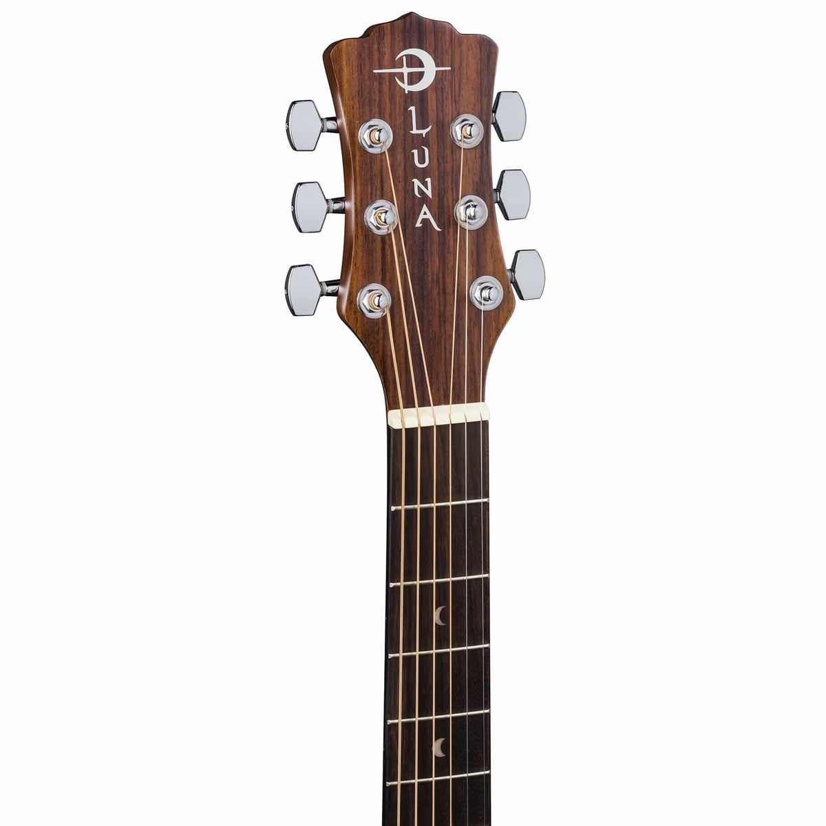 Luna Gypsy Muse Dreadnought Pack w/Gig Bag showcasing a close-up of the guitar neck with crescent moon inlay and detailed craftsmanship.