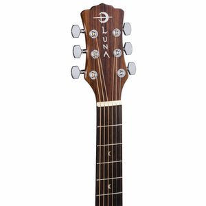 Luna Gypsy Muse Dreadnought Pack w/Gig Bag showcasing a close-up of the guitar neck with crescent moon inlay and detailed craftsmanship.