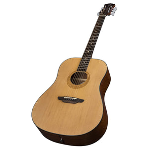 Close-up of the Luna Gypsy Muse Dreadnought guitar's body and neck, showcasing its spruce top, Celtic rosette, and moon phase fretboard markers.