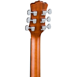 Close-up of the Luna Gypsy Muse Dreadnought guitar neck, showcasing the mother-of-pearl crescent moon logo and moon phase fretboard markers.