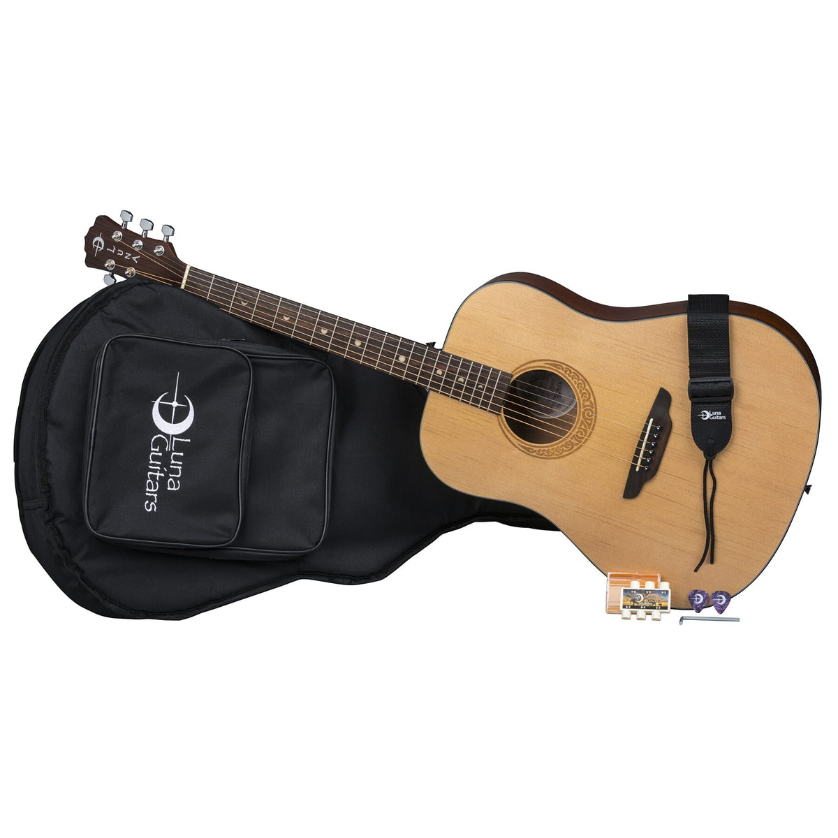 Luna Gypsy Muse Dreadnought Pack with gig bag, featuring a spruce top guitar, crescent moon logo, and included accessories (strap, picks, tuner).