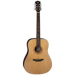 Close-up of the Luna Gypsy Muse Dreadnought guitar, highlighting its spruce top, crescent moon inlay, and mahogany neck with moon phase fretboard markers.