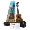 The Luna Vintage Mahogany Concert Ukulele Pack includes a mahogany ukulele, tuner, instructional sheet, soft bag, and branded box with tropical graphics labeled "Vintage Mahogany.