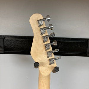 Michael Kelly 53 Tele Gloss Gray Prototype Demo featuring a close-up of its neck with silver tuning keys.
