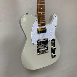White Michael Kelly 53 Tele Gloss Gray Prototype electric guitar with double humbucker configuration and chrome hardware displayed on a wall.
