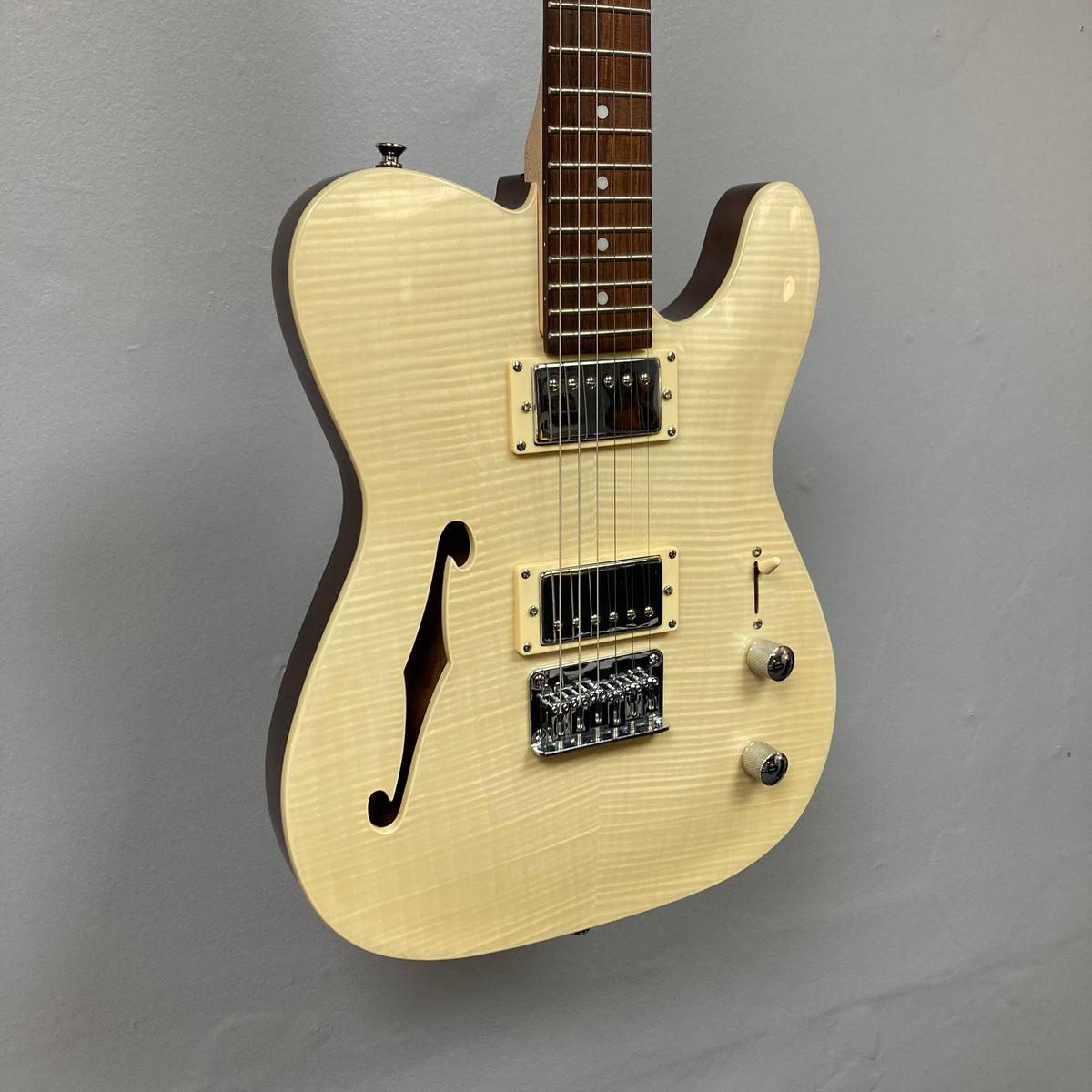 Michael Kelly 58 Tele Thinline Flame Maple Prototype Demo, white electric guitar with Rockfield® SWC humbuckers and chambered mahogany body.