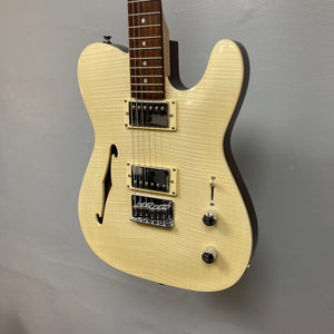Michael Kelly 58 Tele Thinline Flame Maple Prototype Demo, white electric guitar with dual Rockfield® SWC humbuckers and a chambered mahogany body.