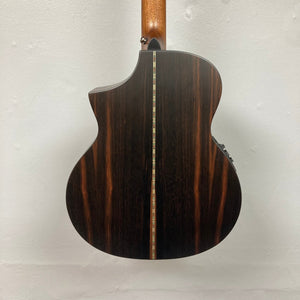 Close-up of the Michael Kelly Dragonfly 4 Slim Forte Port 3/4 Bass Prototype, highlighting intricate Dragonfly inlay and ergonomic design.