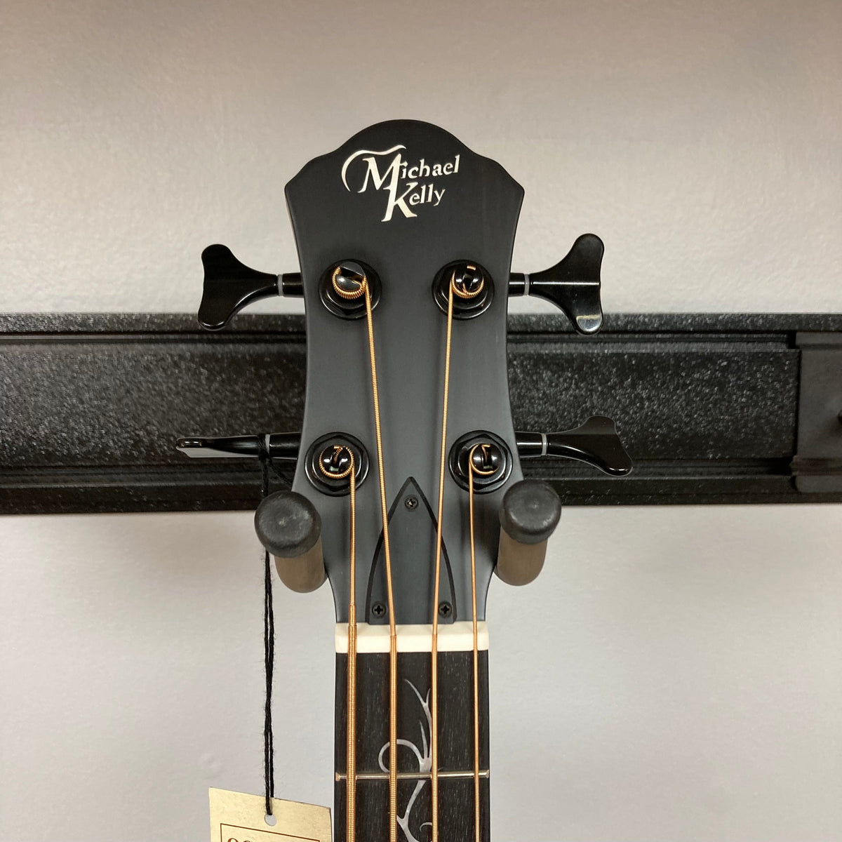 Michael Kelly Dragonfly 4 Slim Forte Port 3/4 Bass Prototype, close-up of the neck and strings, showcasing the intricate Dragonfly inlay and lightweight design.