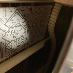 Close-up of Michael Kelly Dragonfly 4 Slim Forte Port 3/4 Bass Prototype, showcasing intricate Dragonfly inlay and Forte Port design for enhanced sound projection.