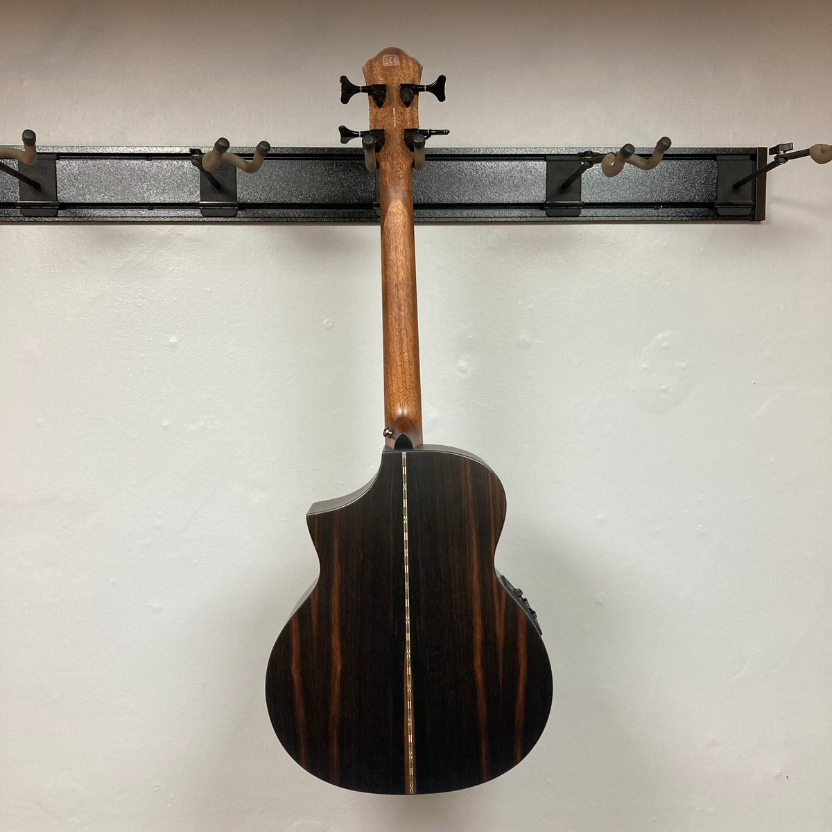 Michael Kelly Dragonfly 4 Slim Forte Port 3/4 Bass Prototype displayed on a wall.