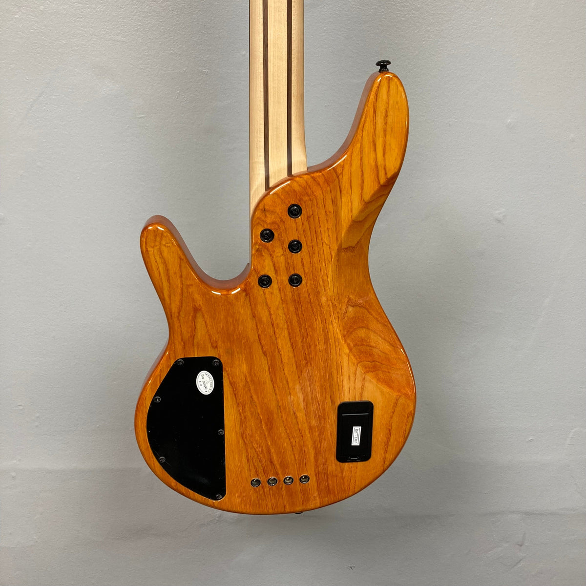 Michael Kelly Pinnacle 4 Bass guitar close-up, showcasing its ornate burl poplar top and detailed controls for versatile tonal options.