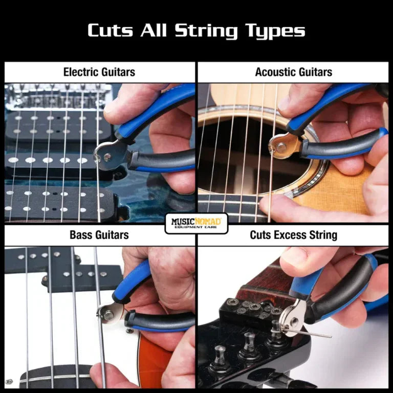 The Music Nomad GRIP ONE – All in ONE String Winder, Cutter, Puller trims excess strings on electric, acoustic, and bass guitars, showing it's ideal for all types of guitar string maintenance.