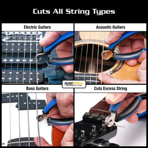 The Music Nomad GRIP ONE – All in ONE String Winder, Cutter, Puller trims excess strings on electric, acoustic, and bass guitars, showing it's ideal for all types of guitar string maintenance.