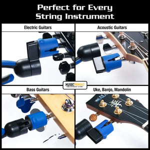 The Music Nomad GRIP ONE – All in ONE String Winder, Cutter, Puller by Music Nomad is shown in use on electric, acoustic, bass guitar, ukulele, banjo, or mandolin tuning pegs. Text: "Perfect for Every String Instrument.