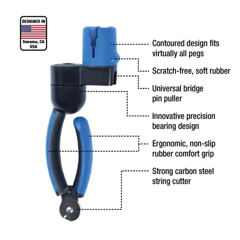 The Music Nomad GRIP ONE – All in ONE String Winder, Cutter, Puller features a contoured, ergonomic black and blue design with soft rubber, a universal bridge pin puller, carbon steel string cutter, and smooth winder. Designed in the USA.