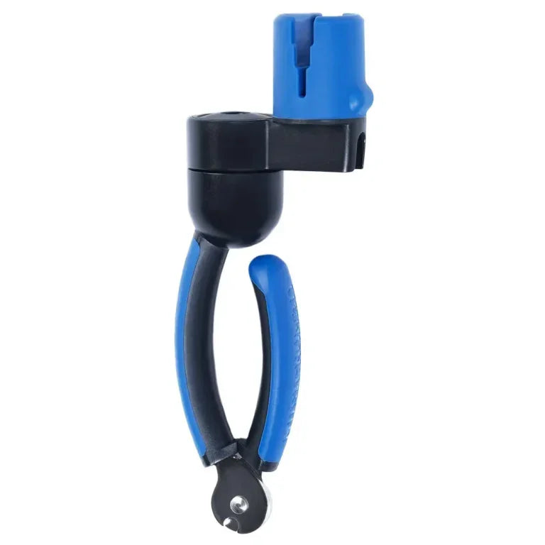 The Music Nomad GRIP ONE – All in ONE String Winder, Cutter, Puller by Music Nomad is a handheld tool with a black and blue handle and blue knob, used for removing and installing string pins, similar to how a bike chain tool works for chains.