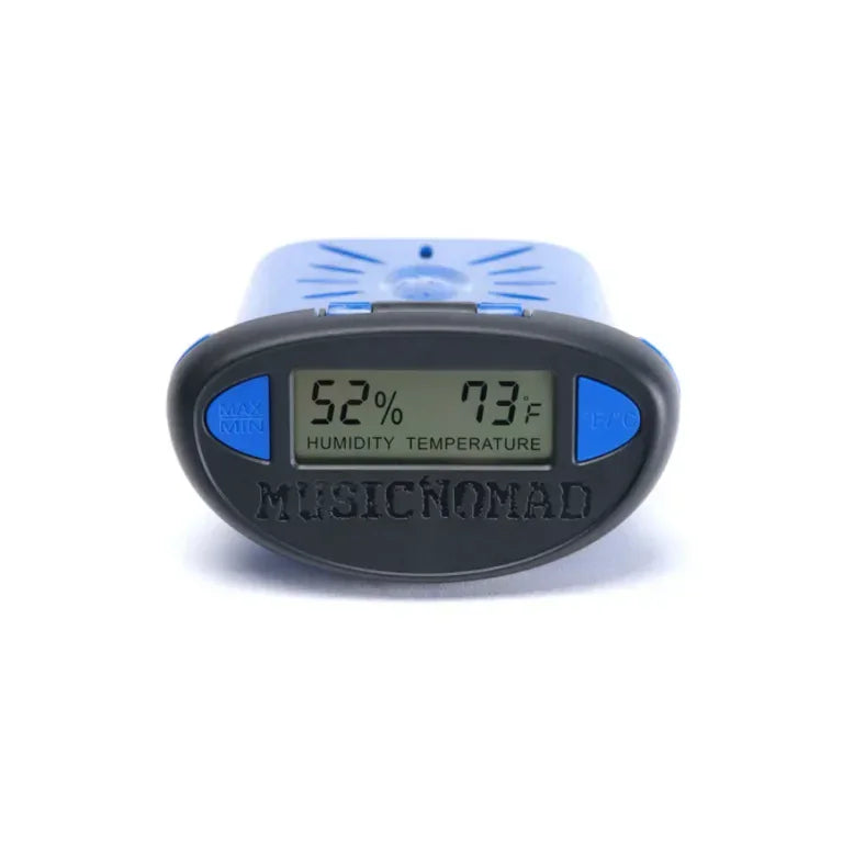 The Music Nomad The Humitar ONE – Acoustic Guitar Humidifier & Hygrometer displays 52% humidity and 73°F, features "MAX MIN" and "HOLD" buttons, and is perfect for use with an acoustic guitar humidifier.