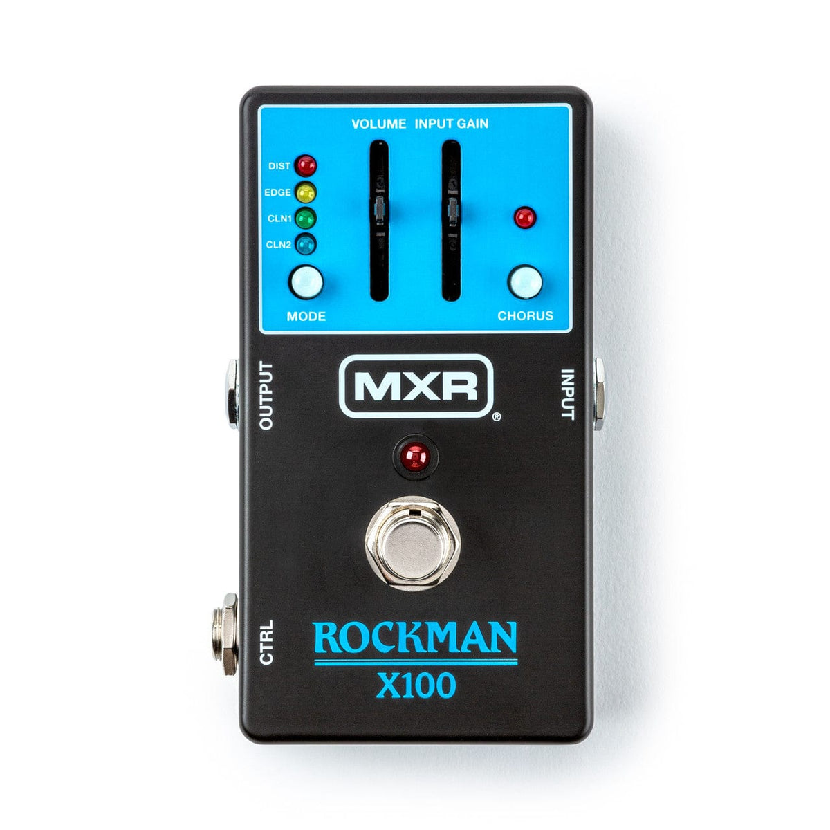 MXR Rockman X100 Analog Tone Processor Pedal, showcasing its detailed controls and branding, ideal for achieving Tom Scholz's iconic sound with enhanced modulation and harmonics.