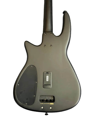 The image shows the back of an NS Design Wav Radius Bass w/NS Gigbag, featuring a battery compartment, control cavity cover, and visible screws—a sleek, ergonomic NS Design bass made for punchy tones.