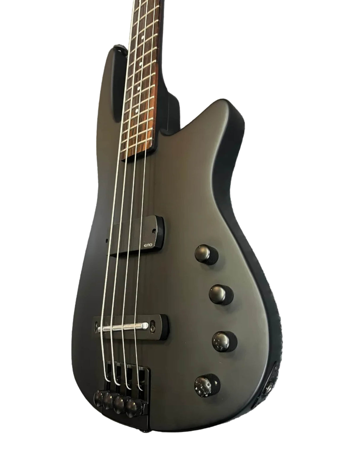 Close-up of the NS Design Wav Radius Bass w/NS Gigbag in matte black, highlighting its four strings, control knobs, and part of the fretboard—designed by NS Design for punchy bass tones against a white background.