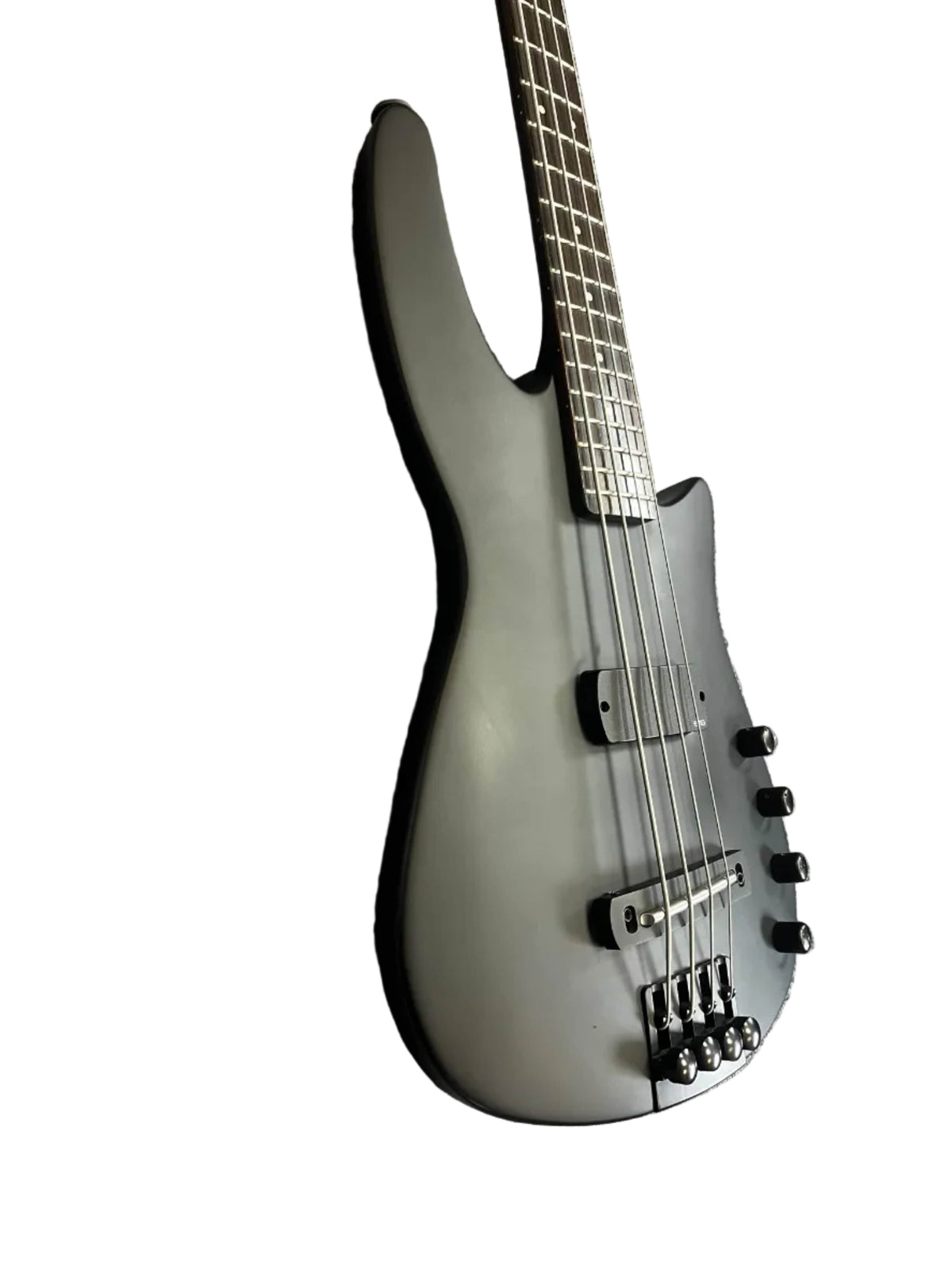 An NS Design Wav Radius Bass w/NS Gigbag, 5-string electric bass guitar in matte gray with black hardware, known for its punchy bass tones from NS Design, shown against a white background.