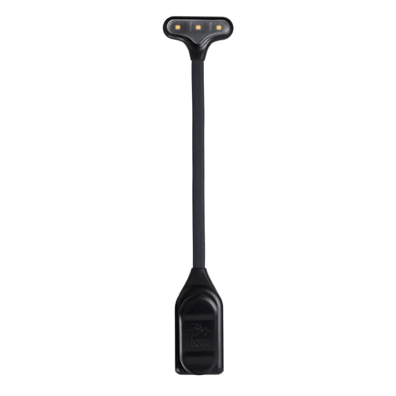 Mighty Bright NuFlex LED Clip-On Music Stand Light with adjustable brightness and long battery life, featuring a black LED light and strap for easy attachment.