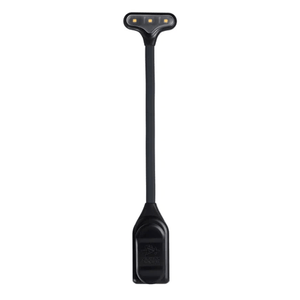 Mighty Bright NuFlex LED Clip-On Music Stand Light with adjustable brightness and long battery life, featuring a black LED light and strap for easy attachment.