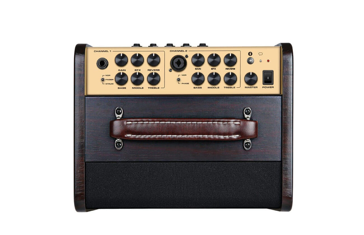 NUX AC-80 Stageman II Acoustic Combo Amp close-up, showing its control knobs and compact design, ideal for portable acoustic performances.
