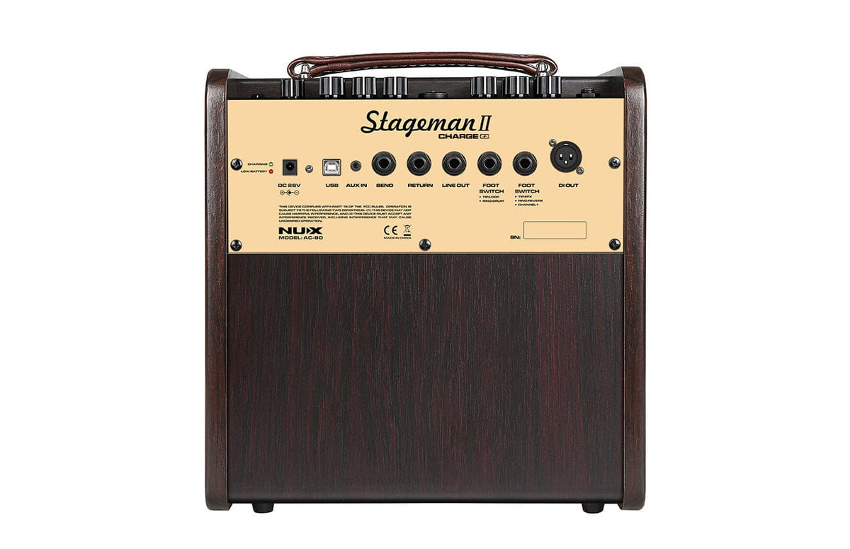NUX AC-80 Stageman II Acoustic Combo Amp close-up, showing control knobs and dual input channels for guitar and microphone.