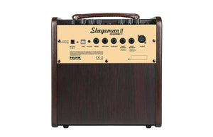 NUX AC-80 Stageman II Acoustic Combo Amp close-up, showing control knobs and dual input channels for guitar and microphone.
