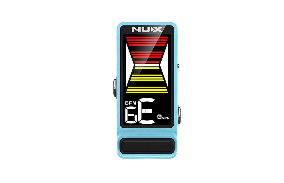 Close-up of the NUX Flow Tune NTU-3 MKII Mini Pedal Tuner, showcasing its sleek design and compact build, ideal for precise guitar tuning.