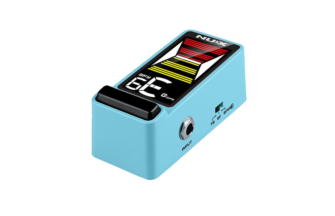 NUX Flow Tune NTU-3 MKII Mini Pedal Tuner in a blue box with black and yellow label, featuring a graphic on the pedal.
