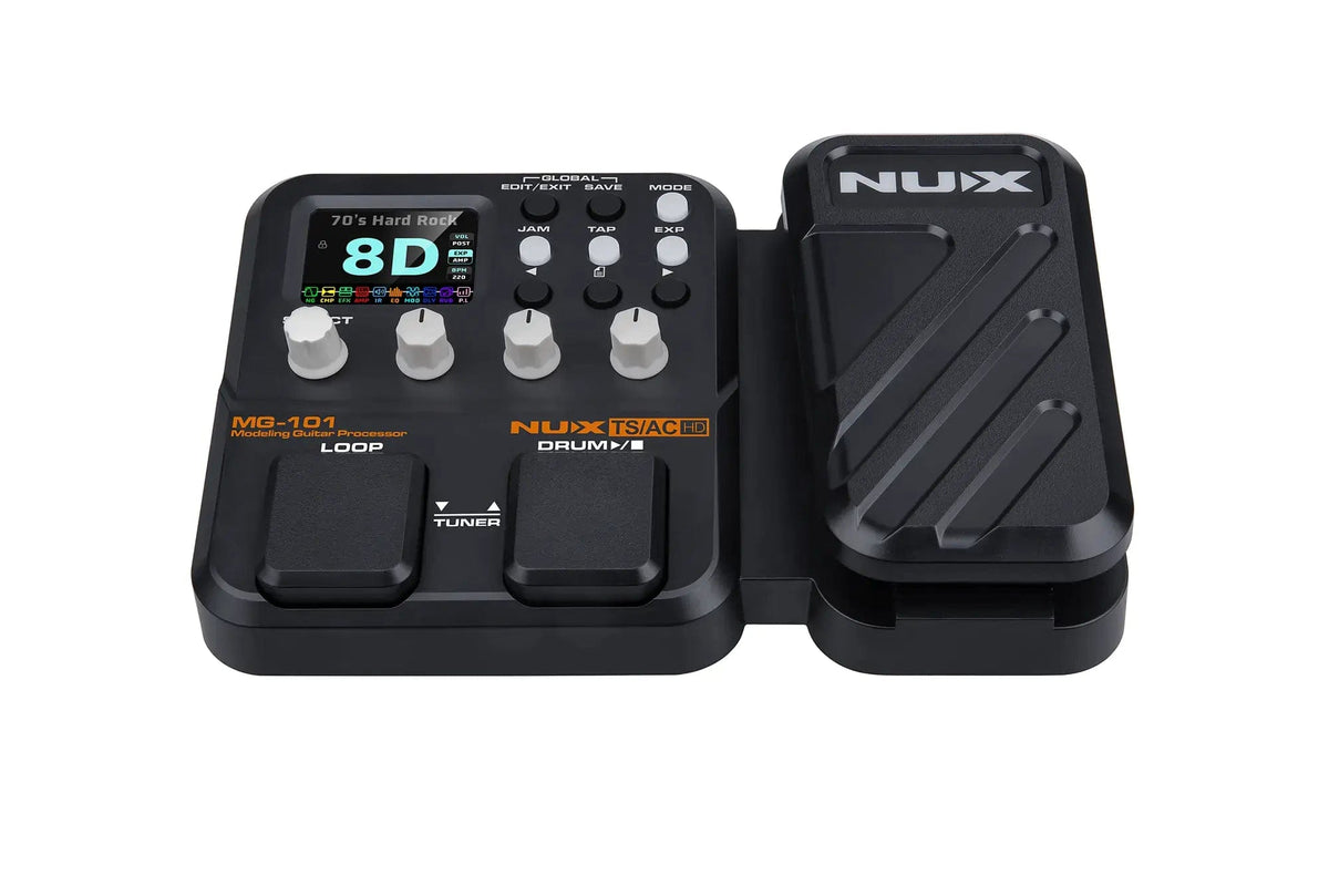 NUX MG-101 Guitar Micro Processor, a compact black electronic pedal, ideal for diverse musical genres with intuitive interface and advanced sound modeling features.