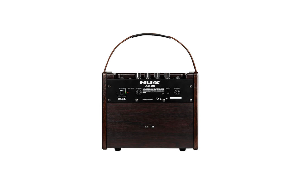 Nux Stageman NUX AC-25 Acoustic Combo Amp, featuring a handle, two input channels, EQ controls, and Bluetooth streaming.