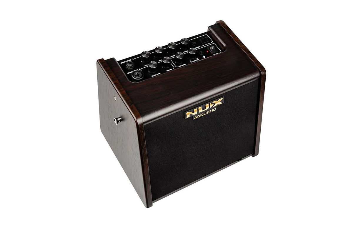 NUX Stageman NUX AC-25 Acoustic Combo Amp with Bluetooth, featuring 2 channels, 3-band EQ, amp modeling, reverb effects, and a 6.5-inch speaker.