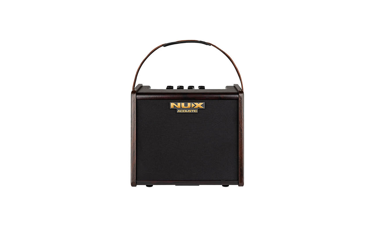 NUX Stageman NUX AC-25 Acoustic Combo Amp with handle, featuring Bluetooth, 25W RMS, 3-band EQ, two channels, and built-in tuner.