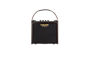 NUX Stageman NUX AC-25 Acoustic Combo Amp with handle, featuring Bluetooth, 25W RMS, 3-band EQ, two channels, and built-in tuner.